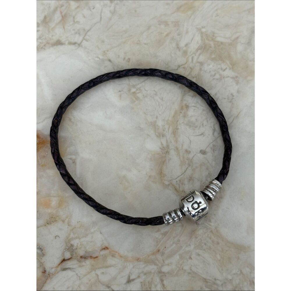 Pandora Moments Braided Leather Sterling Silver Barrel Clasp Charm Bracelet